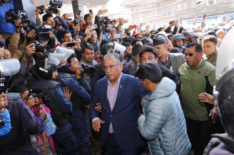 CPN (Maoist Center) Chairman Pushpa Kamal Dahal at Norvic Hospital, Thapathali on Sunday after the death of his son early in the morning due to heart attack. Photo: Pradeep Luintel/Aarthik Abhiyan
