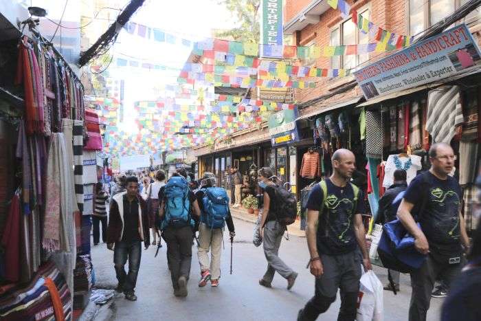 Tourists enjoying the walk in Thamel on Monday after the area was declared vehicle-free zone recently. Photo: Pradeep Luintel/Aarthik Abhiyan