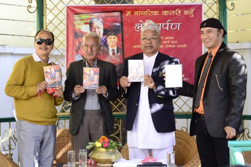 Renowned lyricist Ratna Shumsher Thapa releasing a music album of Karna Shakya in Kathmandu on Sunday. Photo: Sagar Basnet/Aarthik Abhiyan