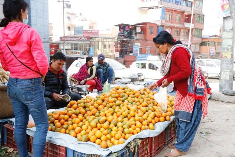 A street vendor in Chabahil, Kathmandu selling oranges brought from Gorkha on Saturday. Photo: Pradip Luitel/Aarthik Abhiyan
