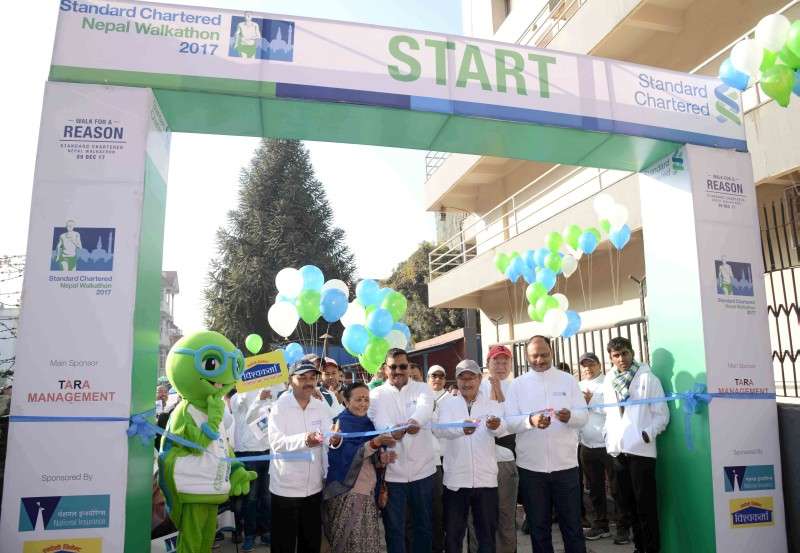 Social activist Anuradha Koirala inaugurating a walkathon organised by Standard Chartered Bank in Kathmandu on Saturday to raise funds to increase awareness amongst the public on the subject of avoidable blindness. Photo Courtesy: Standard Chartered Bank