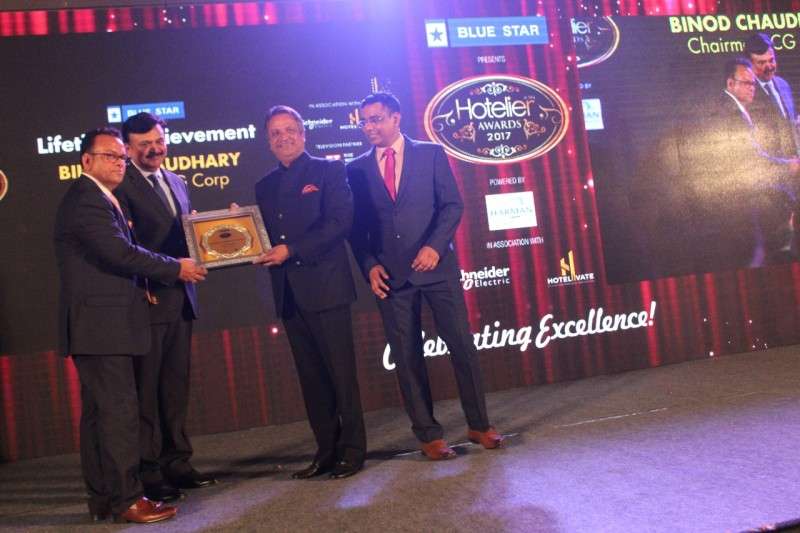 Binod Chaudhary, president of Chaudhary Group, receiving Hotelier India Lifetime Achievement Award during a function organised by ITP Media Group in New Delhi, India on Wednesday. Photo Courtesy: CG