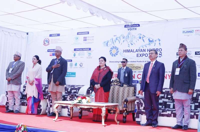 President Bidya Devi Bhandari attends the inauguration of Himalayan Hydro Expo 2018 at Bhrikutimandap, Kathmandu on Friday. The three-day expo will conclude on Sunday. Photo: Pradip Luitel/Aarthik Abhiyan
