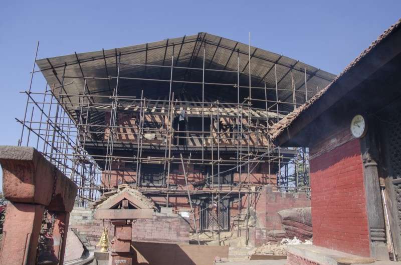 Scaffolding set around Gorkha Durbar for reconstruction of the palace that was damaged by the 2015 earthquakes. Photo: Sagar Basnet/NBA