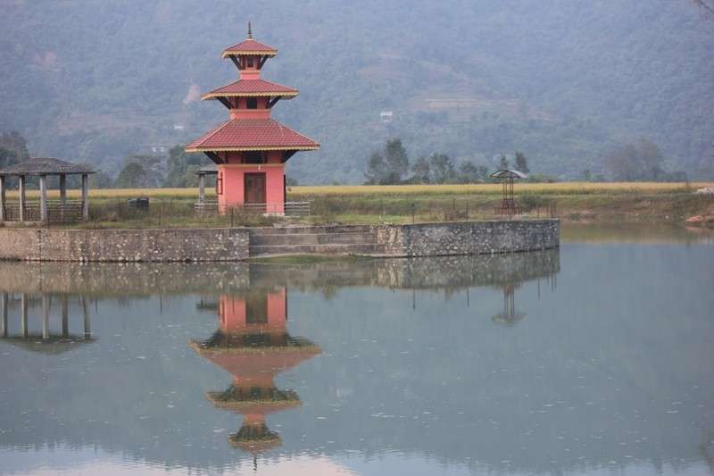 A temple seen in the middle of Rampur Tal (lake) in Pokhara. Photo: Prakash Nepal/NBA