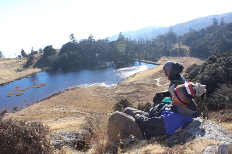 Domestic tourists enjoying scenic view of Haas Pokhari (duck pond) from Maiyung Danda hill of Bhojpur district in this recent photo. Photo: Ganesh Bista/NBA