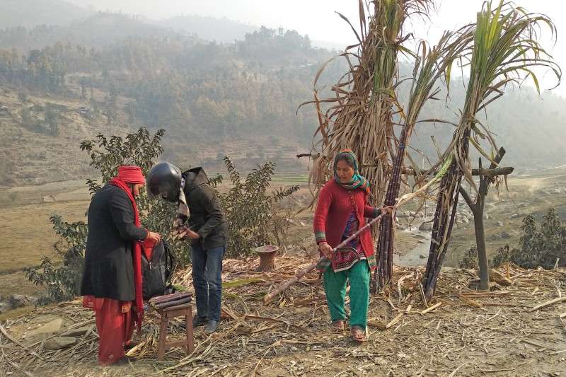 A local of Naubise selling sugarcane on the roadside in this recent photo. A stick of sugarcane costs as much as Rs 100. Photo: Sagar Basnet/NBA