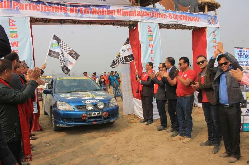 Participants of Himalayan Drive 6, a tri-nation motor rally, arrive at Sauraha, Chitwan on Sunday before embarking towards India. Drivers from Nepal, India and Bhutan are competing in the event covering a distance of 1650 kilometers.