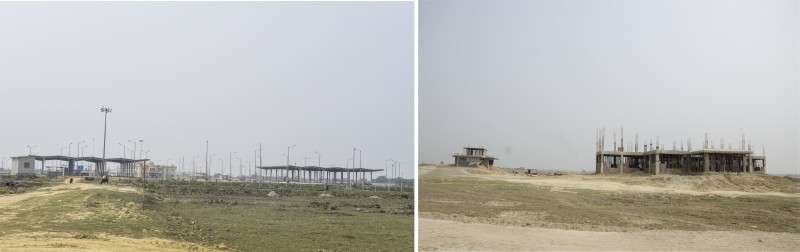 This combo photo taken from Budhanagar of Biratnagar shows the newly-constructed dry port (left) across the border in India while the dry port (right) in Nepal is still under construction. Photo: Sagar Basnet/NBA