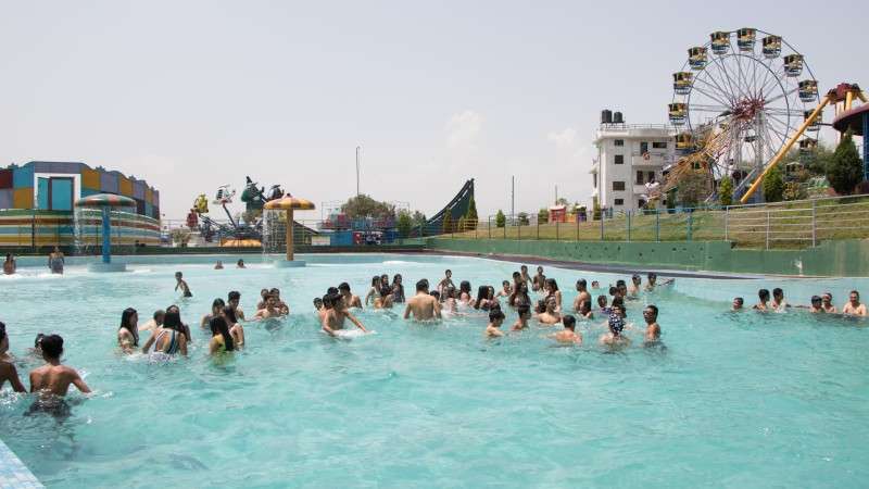 People beating the heat at Fun Valley swimming pool at Palesi, Baktapur on Wednesday. Photo: Pradip Luitel/NBA