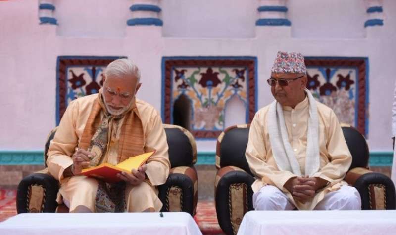 Indian Prime Minister Narendra Modi (L) along with Prime Minister KP Sharma Oli at Janakpur during Modi's two-day state visit to Nepal on Friday. Photo: Raj Kamal/NBA
