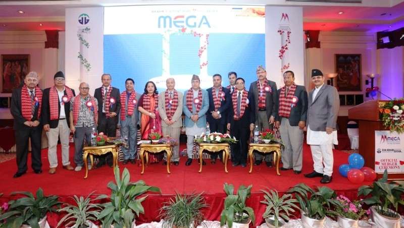 Representatives of Mega Bank and Tourism Development Bank pose for a photo after the merger of the two banks which was announced amid a function in the capital on Sunday. Photo Courtesy: Mega Bank