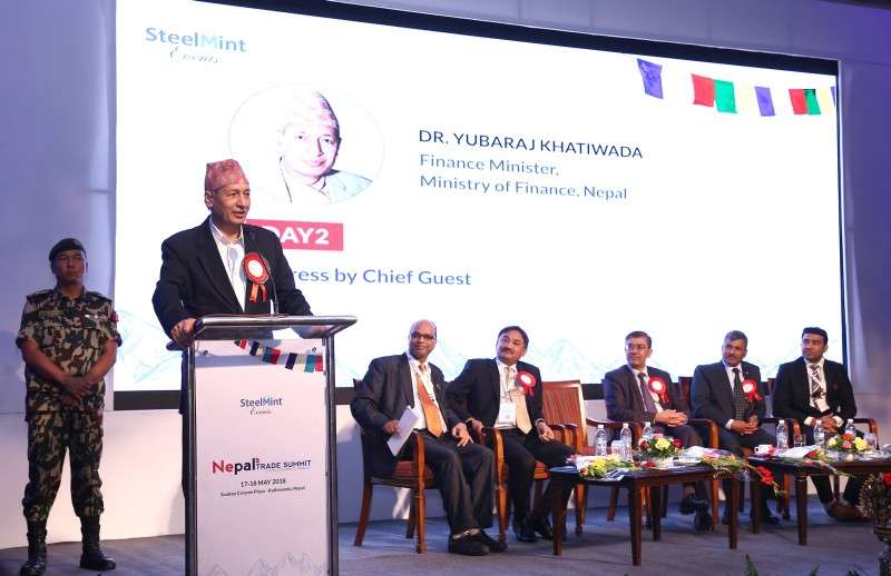 This handout photo shows Finance Minister Yuba Raj Khatiwada speaking during the inauguration of Nepal Trade Summit at Soaltee Hotel in Kathmandu on Friday. 