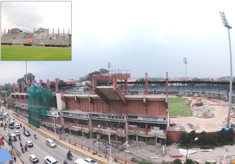 Renovation of the Dasharath Stadium in Tripureshwar is gaining pace. The National Sports Council is renovating the only international stadium of Nepal which sustained damages during the 2015 earthquake. Photo: Pradip Luitel/NBA