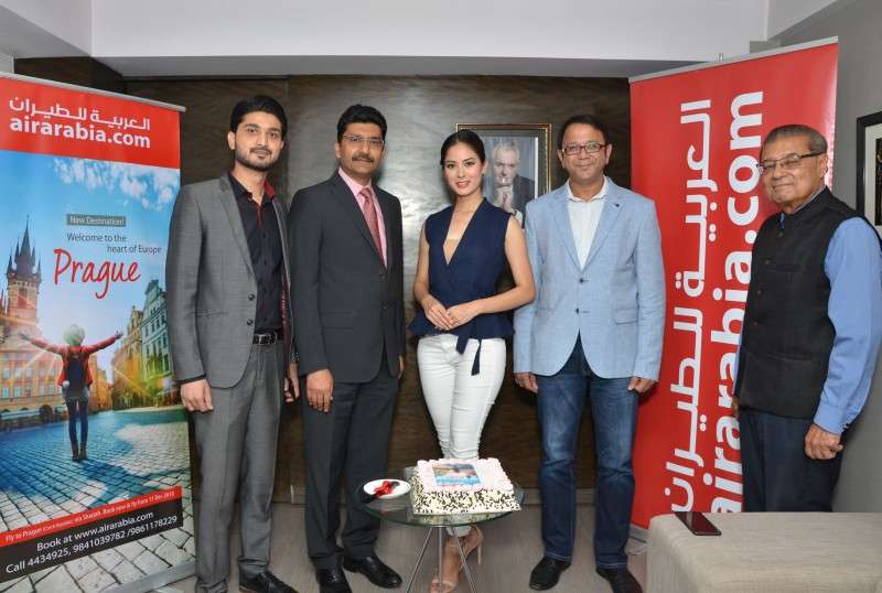Miss Nepal Shrinkhala Khatiwada (center) poses for a photo with officials of Air Arabia during a ceremony held in Kathmandu on Wednesday to celebrate the announcement of the airline company’s flights to Prague. Photo Courtesy: Air Arabia