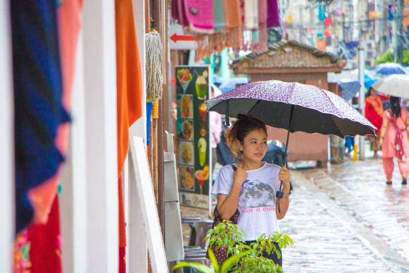 A girl uses umbrella during a sudden downpour at Basantapur on Thursday. Photo: Pradip Luitel/NBA
