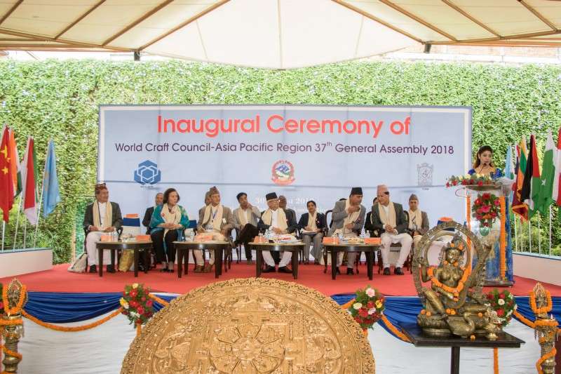Guests present at the inaugural ceremony of the 37th General Assembly of the Asia Pacific Region of World Craft Council at Hotel Annapurna in Kathmandu on Thursday. Side-by-side, a handicraft exhibition is also being held till Saturday. Photo: PRadip Luitel/NBA