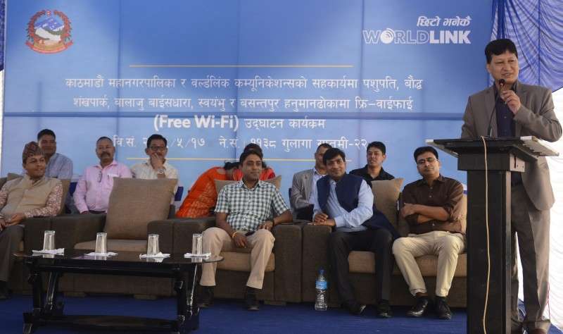 Mayor of Kathmandu Metropolitan City Bidya Sundar Shakya on Sunday inaugurating free wi-fi at Pashupati, Bauddha, Shankha Park, Balaju Baisdhara, Swayambhu and Basantapur in collaboration with WorldLink Communication. Photo: Ravi Maharjan/NBA