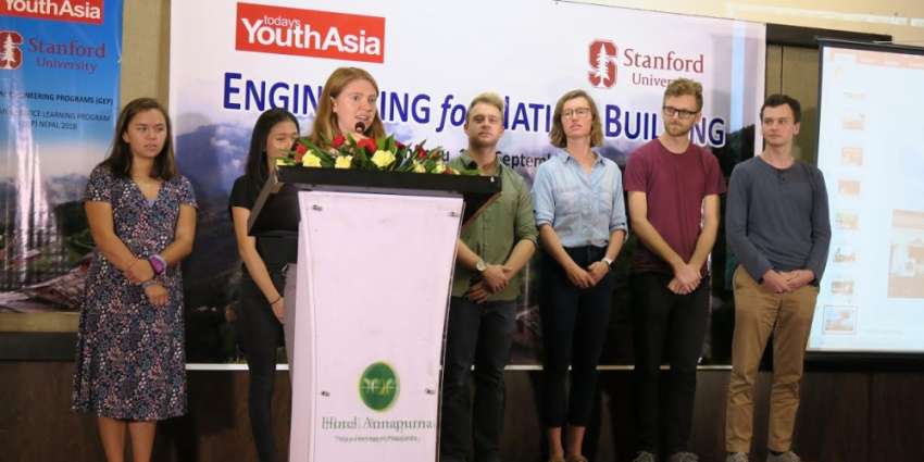 Stanford University students presenting their house design for an earthquake affected village of Dolakha at a programme titled 'Engineering for Nation Building' in the capital on Thursday.