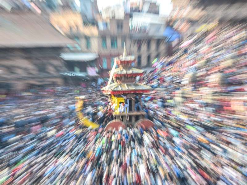 This zoom burst photo shows crowd gathered at Taumadhi square in front of the five-storey temple of Bhaktapur to pull the chariot of Lord Bhairavnath on the first day of Bisket Jatra on Wednesday. Photo: Monika Malla/NBA