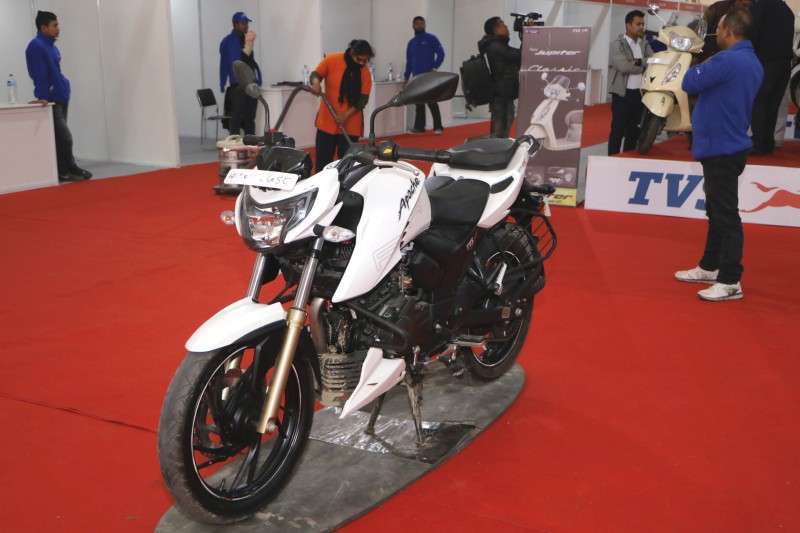 A TVS Apache bike on display during the TVS Exchange Mela at Bhrikutimandap, Kathmandu. The company has announced attractive offers for exchange as well as discount and other services during the expo. Photo: Aarthik Abhiyan