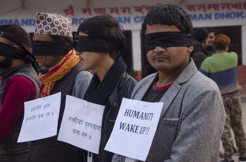Locals at Basantapur protesting against the bombardment of Syria. At least 541 civilians of Syria have died due to the air strikes carried out by the Russian forces since the last eight days. Among the dead includes 130 children. Photo: Sagar Basnet/NBA