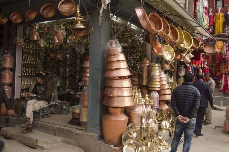 Copper utensils for sale at Indrachowk, Kathmandu on Sunday. Sale of such utensils goes up during the marriage seasons. Photo: Sagar Basnet/NBA