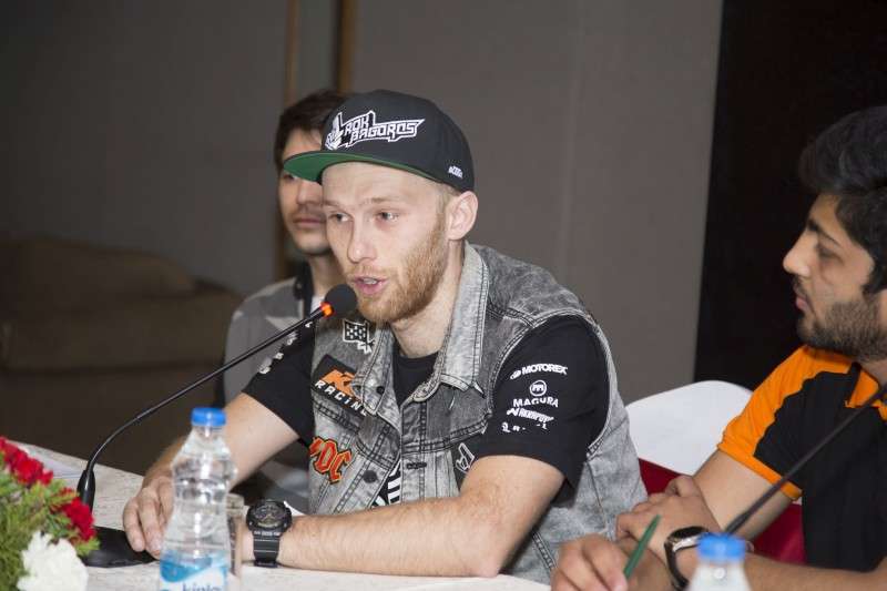 Stunt rider Rok Bagaros attends a press conference organised by Hansraj Hulaschand KTM, which is hosting a stunt competition ‘Roaring Gears’ in Nepal this Saturday at the Satdobato Swimming Complex. Photo: Pradip Luitel/NBA