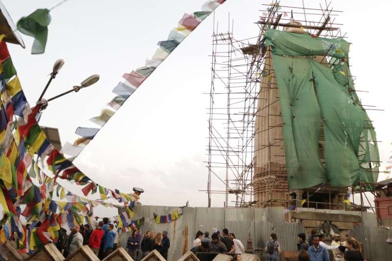 Final phase of reconstruction underway on the premises of Swayambhunath Stupa in Kathmandu on Wednesday. The devastating earthquake of 2015 had severly damaged the temples around the famed Buddhist stupa. Photo: Pradip Luitel/NBA