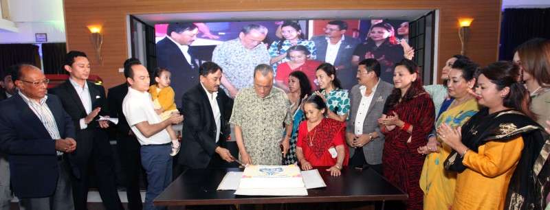 Members of Panchakanya Group celebrating the organisation's 46th anniversary as well as its chairman Prem Bahadur Shrestha's 88th birthday on September 2.