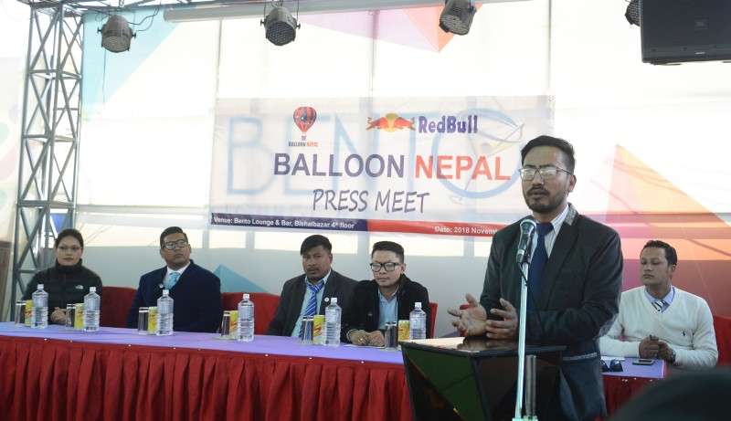 Balloon Nepal Pvt Ltd organises a press conference in the capital to announce the start of hot-air balloon in Pokhara from Saturday. The fare for observing the lake city surrounded by mountains is Rs 11,000 for Nepali nationals and US$ 160 for foreigners. Photo: Ravi Maharjan
